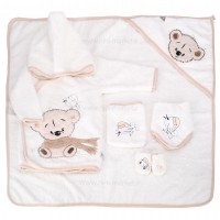 سرویس حوله 5 تیکه طرح خرس و جوجه رنگ کرمی مادرکر