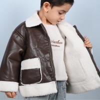 کاپشن چرم پسرانه طرح ساده رنگ قهوه‌ای