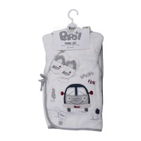 ست 5 تکه حوله نوزادی پاپو papo طرح ماشین رنگ سفید-طوسی