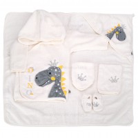 سرویس حوله 5تیکه طرح دایناسور رنگ سفید طوسی مادرکر