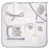 سرویس حوله 5 تیکه طرح دو خرس رنگ  سفید طوسی مادر کر